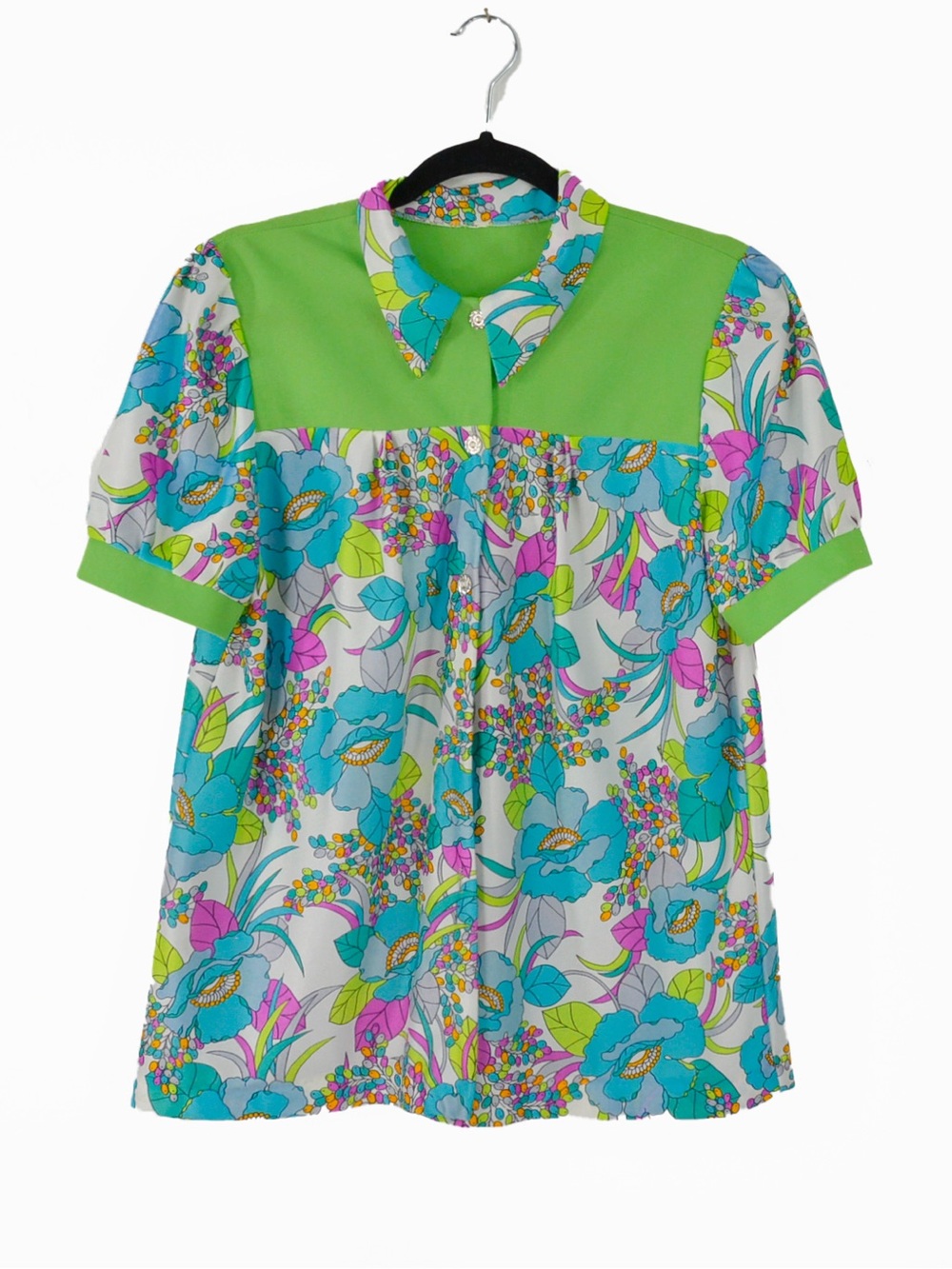 Vintage 60s 70s Hippie Mod Psychedelic Short Sleeve Green Blue Floral Blouse